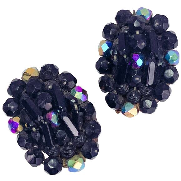 VTG Western German Glass AB Jet Black Cluster Clip On Earrings 1960s Cocktail - Picture 1 of 12